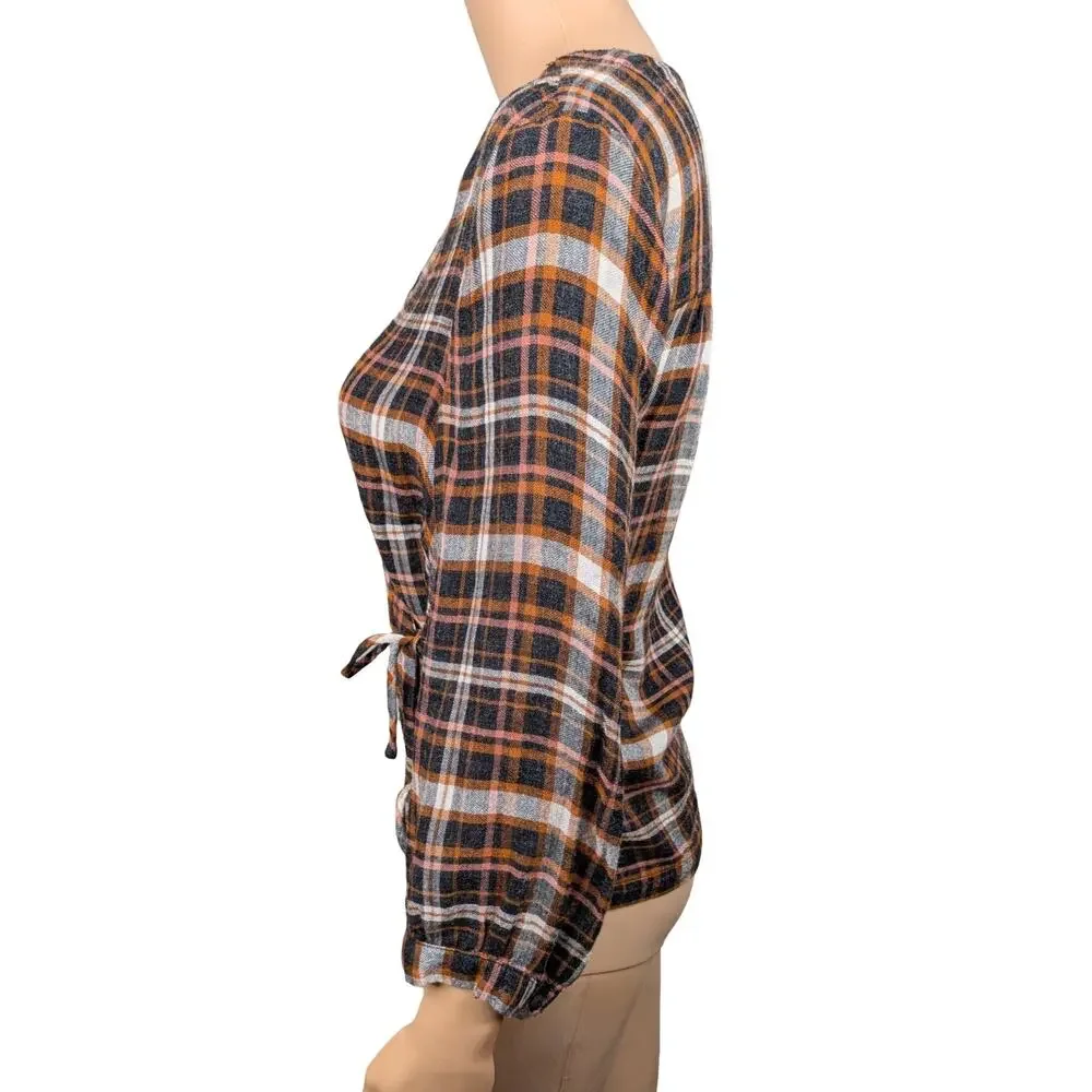 Madewell Plaid Crinkle Gauze Side Tie Wrap Puff Sleeve Top Brown Black XS
